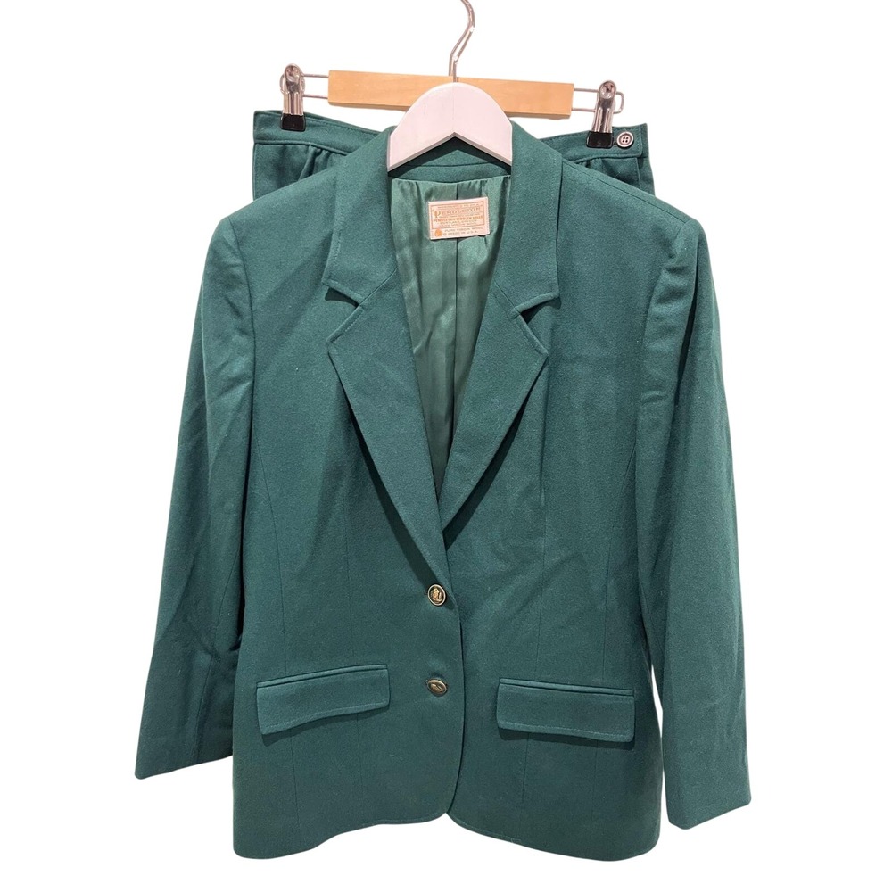 Vtg Pendleton Womens Wool Blazer Skirt Suit Set 10 Green Career Classic USA Gold